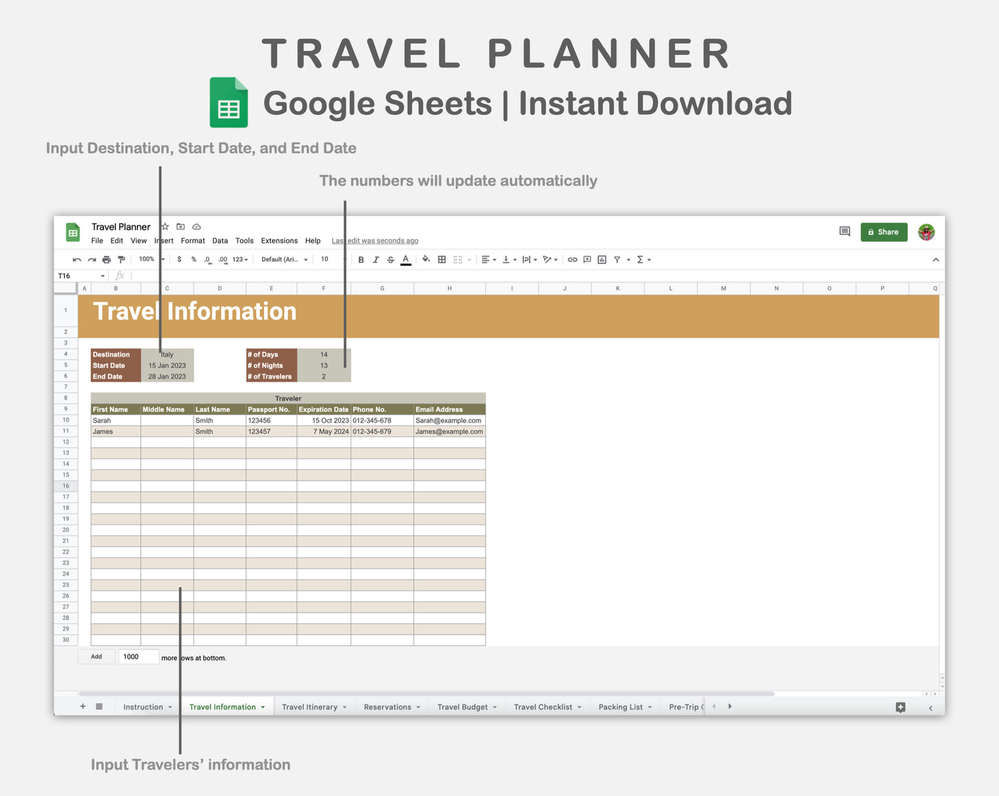 Google Sheets - Travel Planner  - Boho