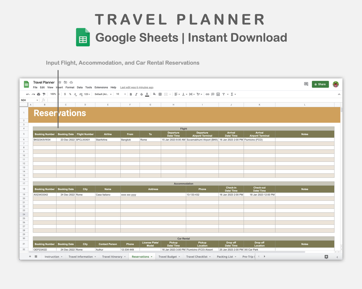 Google Sheets - Travel Planner  - Boho