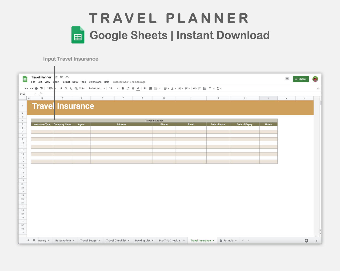 Google Sheets - Travel Planner  - Boho