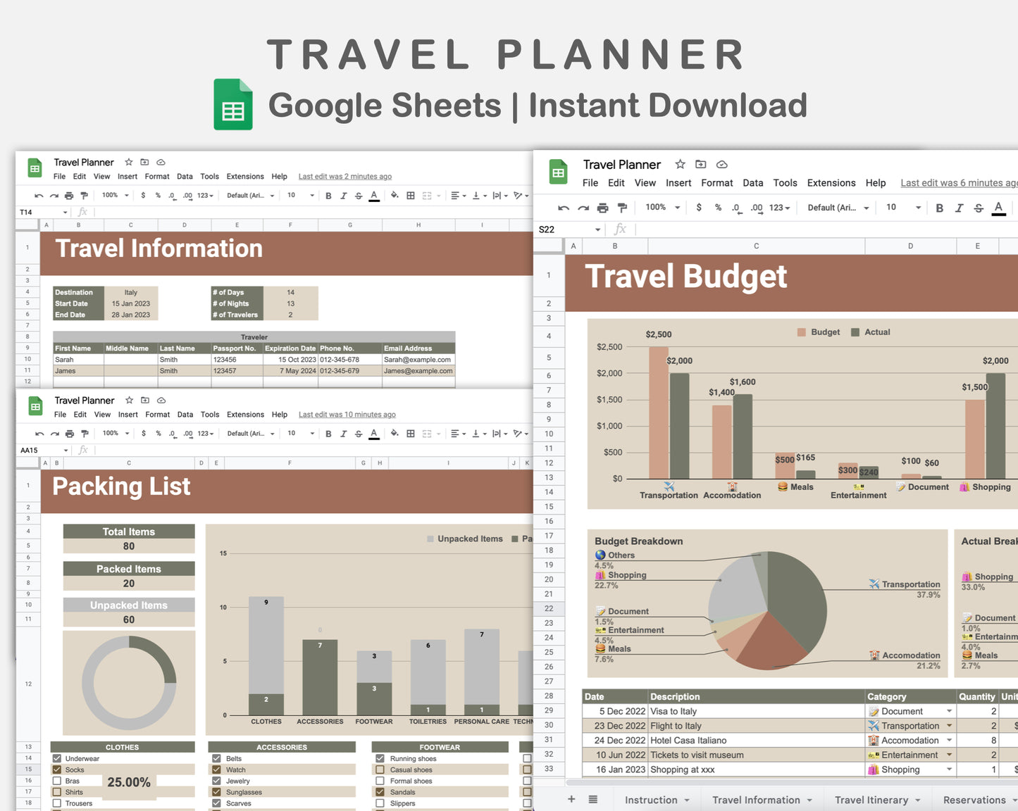 Google Sheets - Travel Planner  - Earthy
