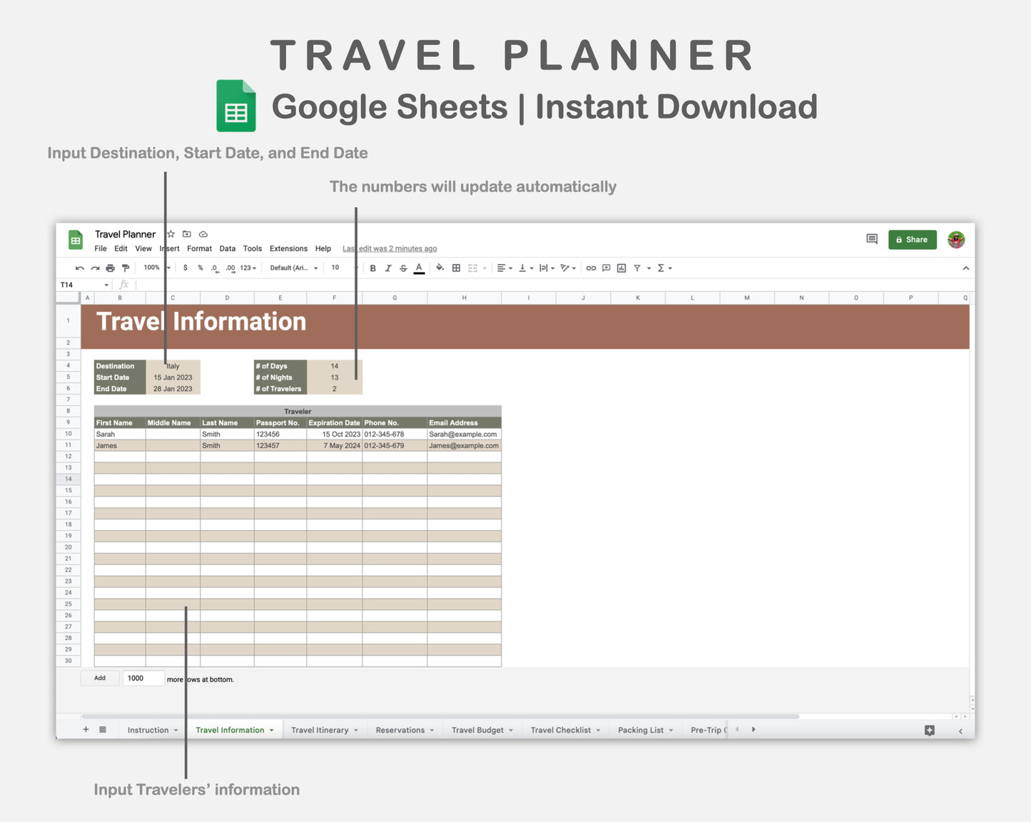 Google Sheets - Travel Planner  - Earthy