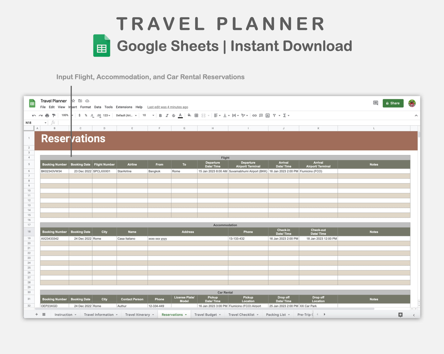Google Sheets - Travel Planner  - Earthy