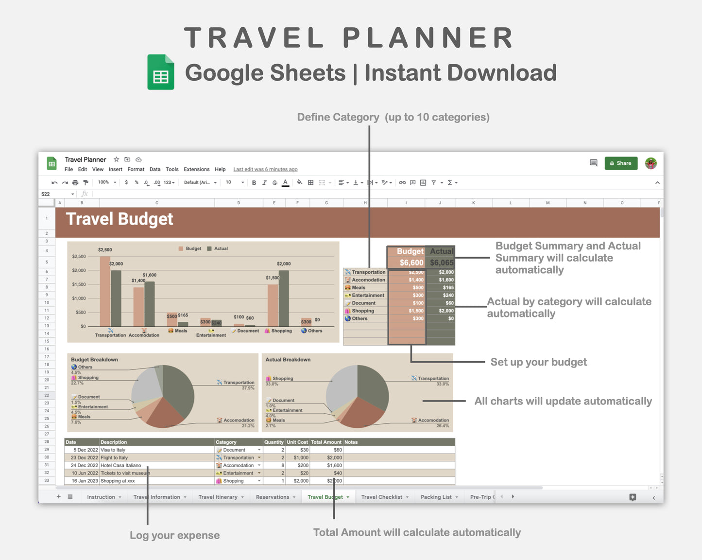 Google Sheets - Travel Planner  - Earthy