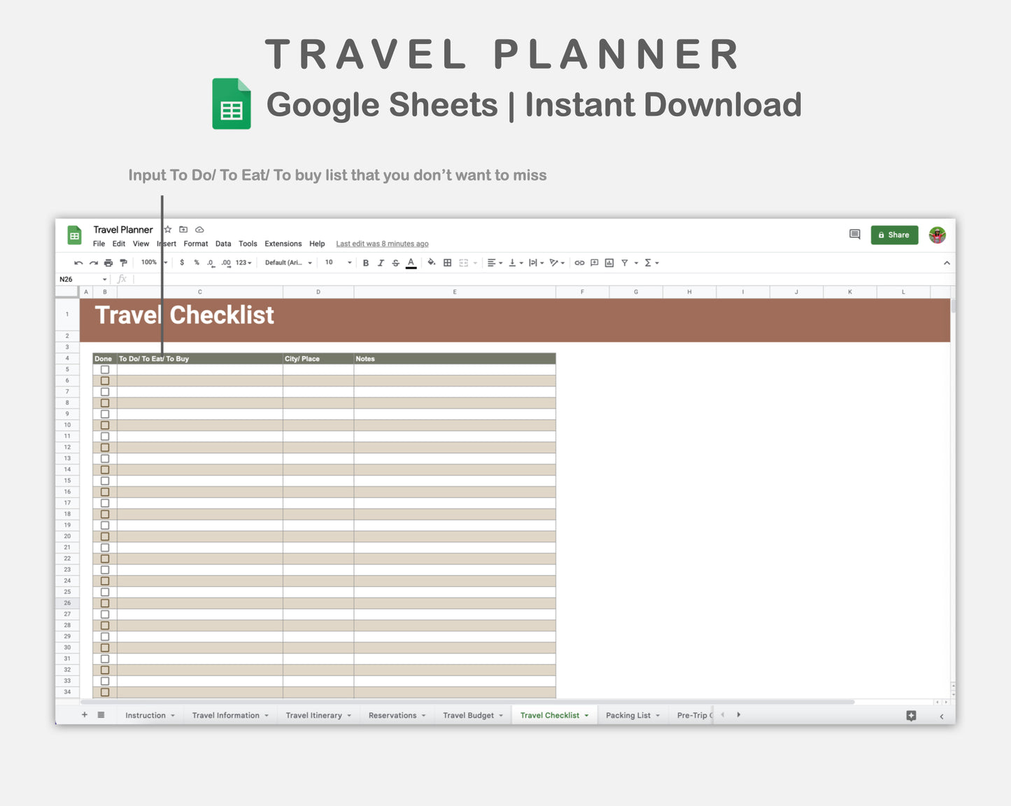 Google Sheets - Travel Planner  - Earthy