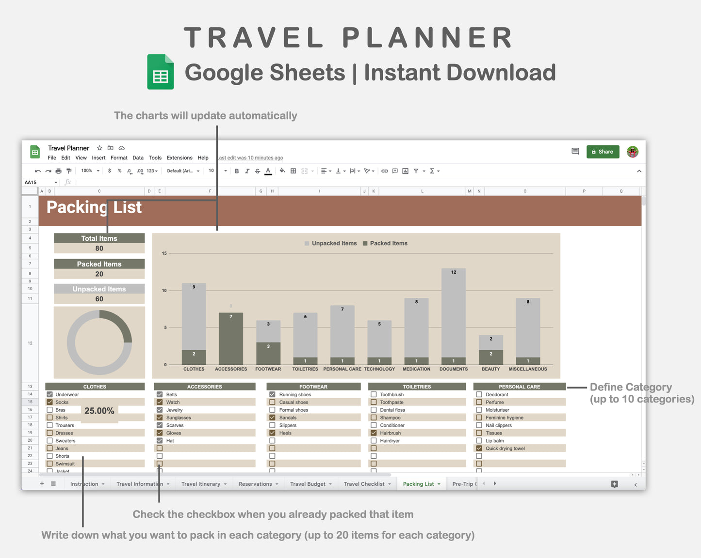 Google Sheets - Travel Planner  - Earthy