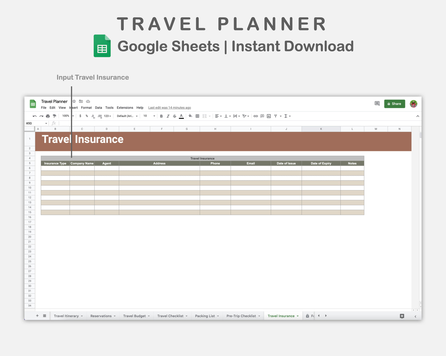 Google Sheets - Travel Planner  - Earthy