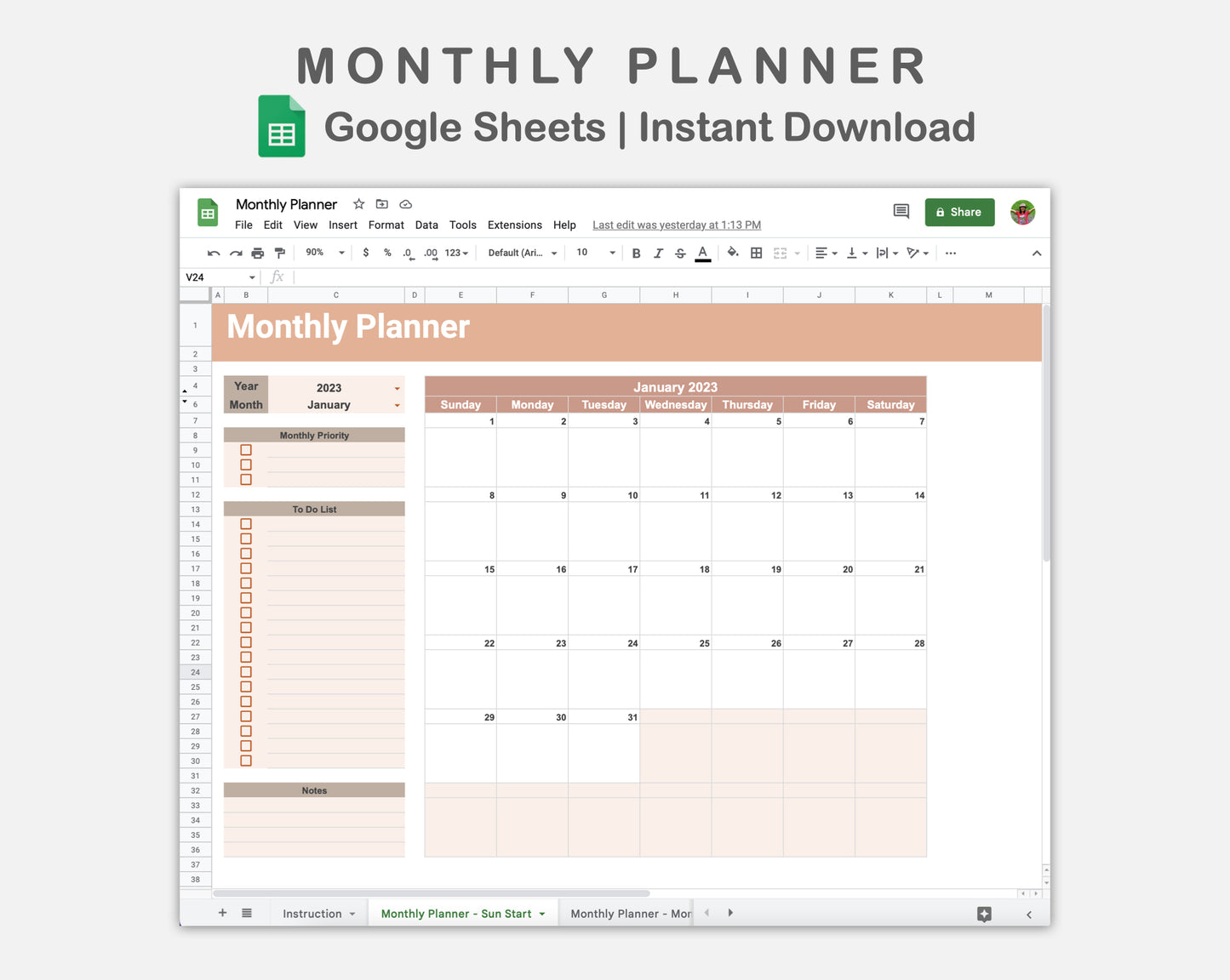 Google Sheets - Monthly Planner - Neutral