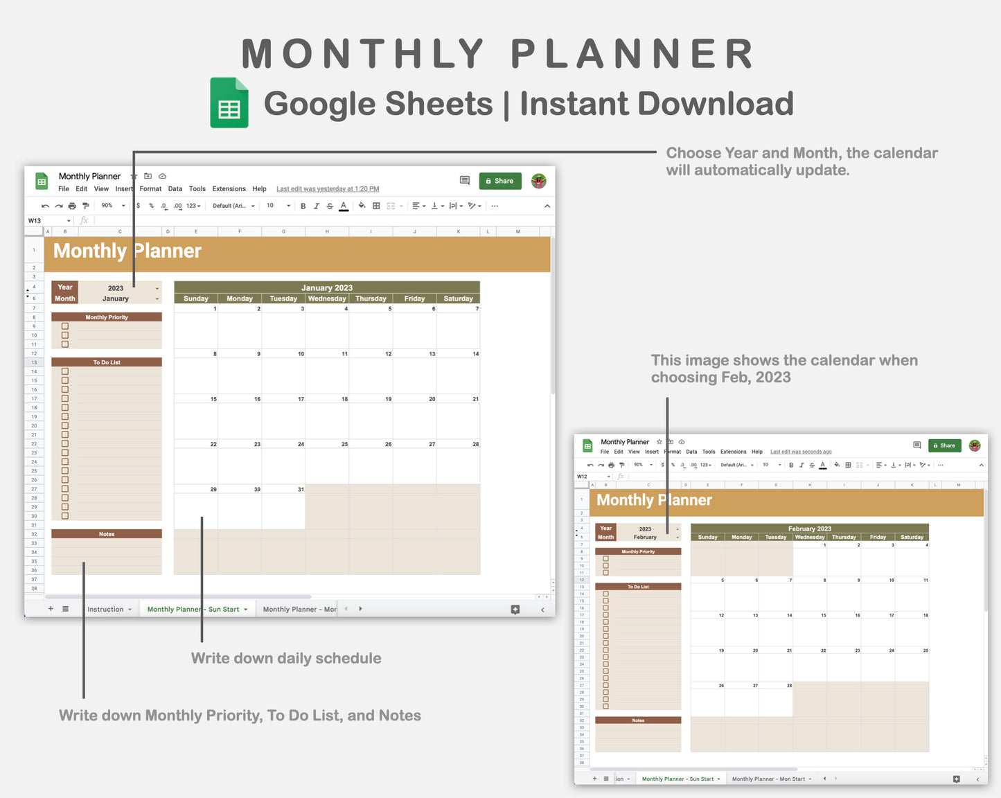 Google Sheets - Monthly Planner - Boho