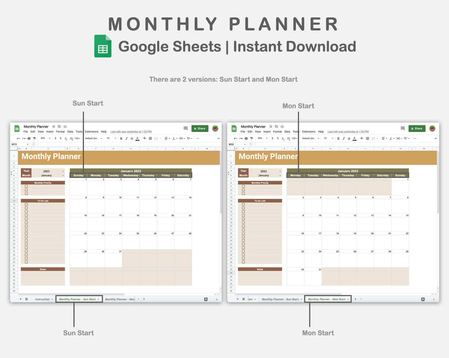 Google Sheets - Monthly Planner - Boho