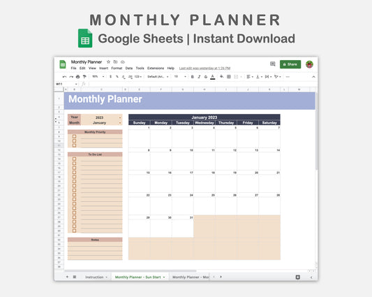 Google Sheets - Monthly Planner - Sweet