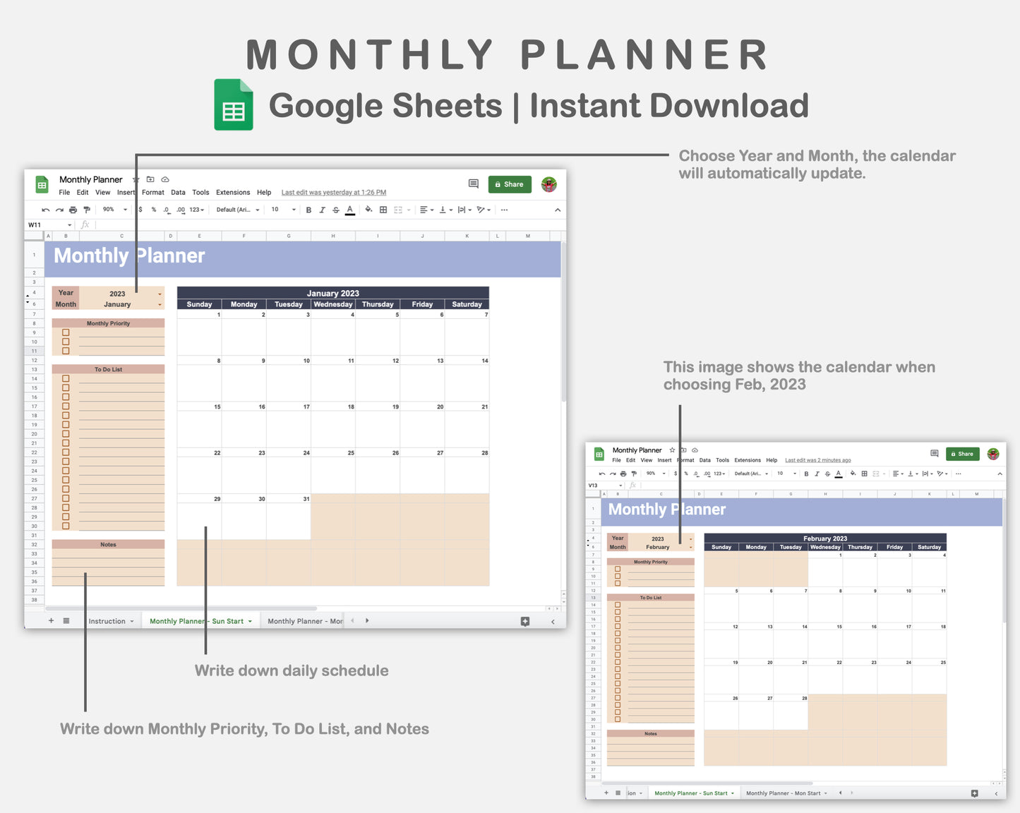 Google Sheets - Monthly Planner - Sweet