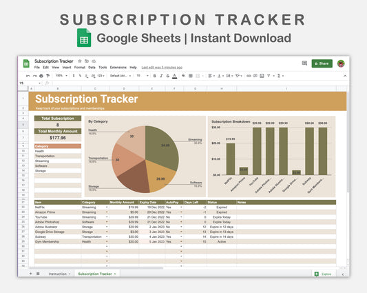 Google Sheets - Subscription Tracker - Boho