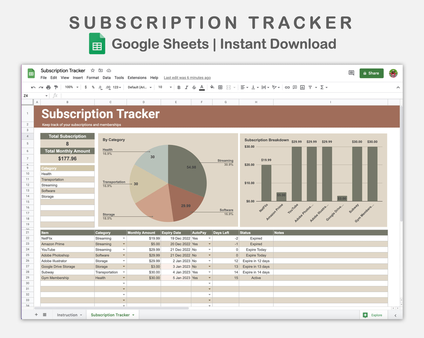 Google Sheets - Subscription Tracker - Earthy