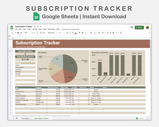 Google Sheets - Subscription Tracker - Earthy