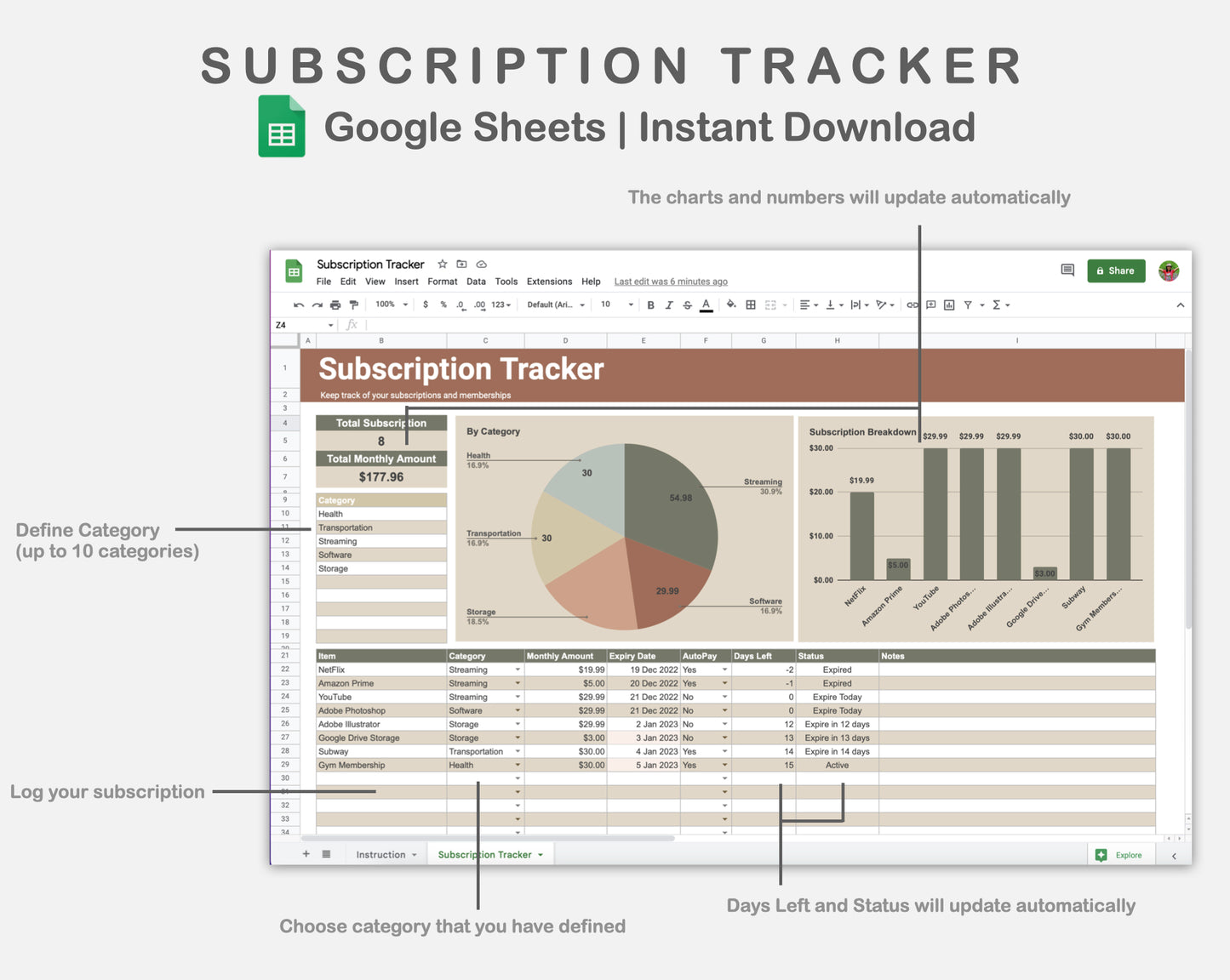Google Sheets - Subscription Tracker - Earthy