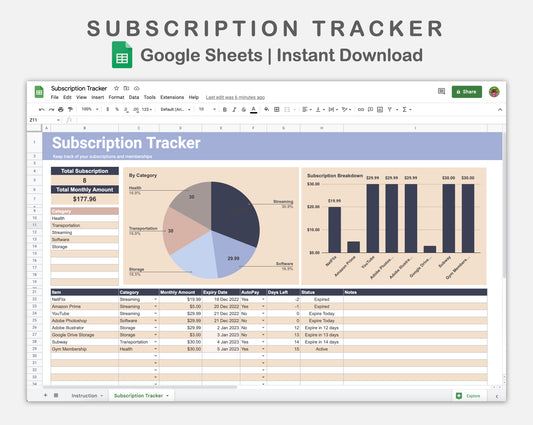 Google Sheets - Subscription Tracker - Sweet