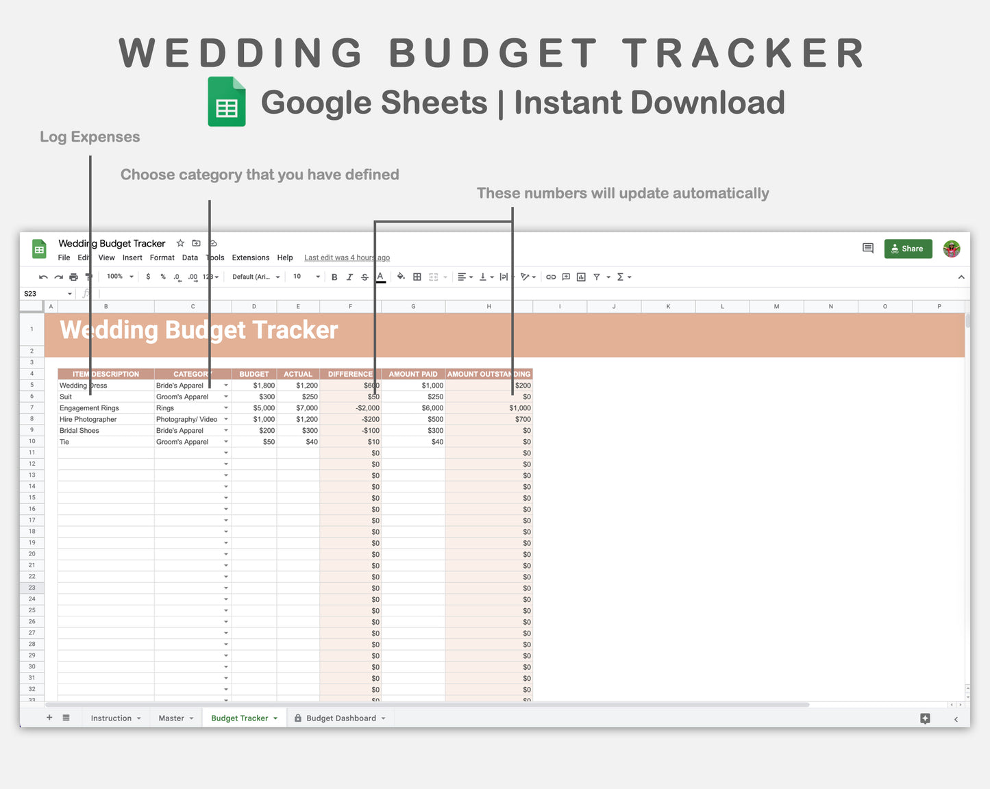 Google Sheets - Wedding Budget Tracker - Neutral