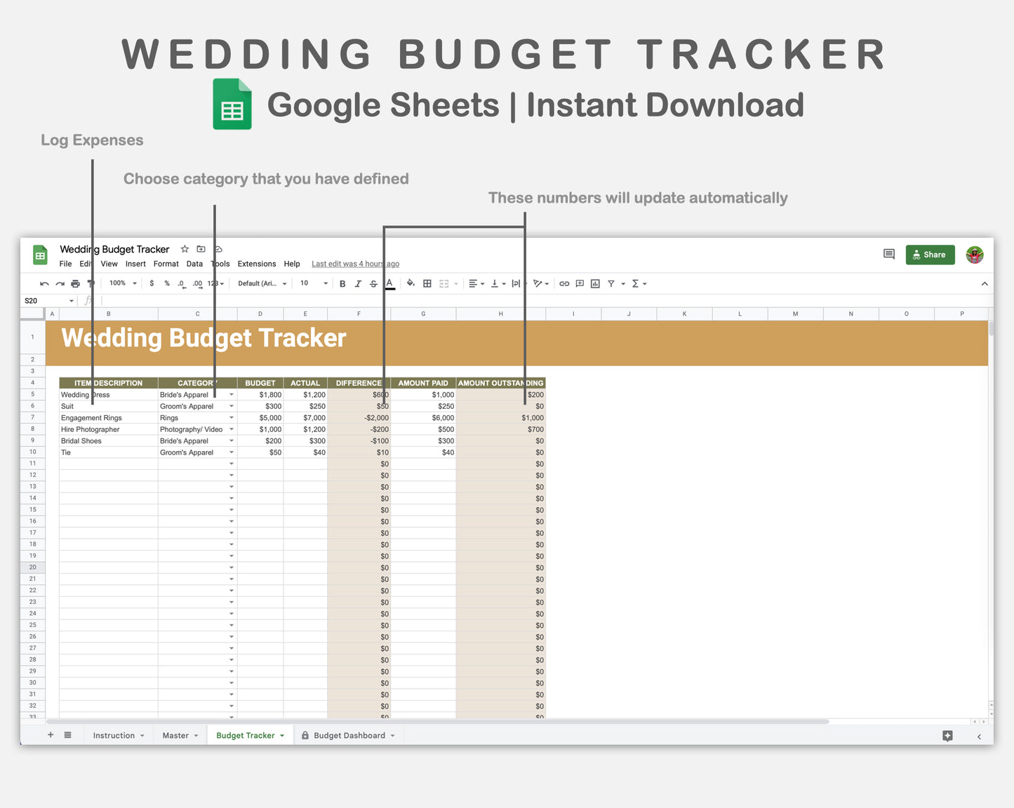Google Sheets - Wedding Budget Tracker - Boho
