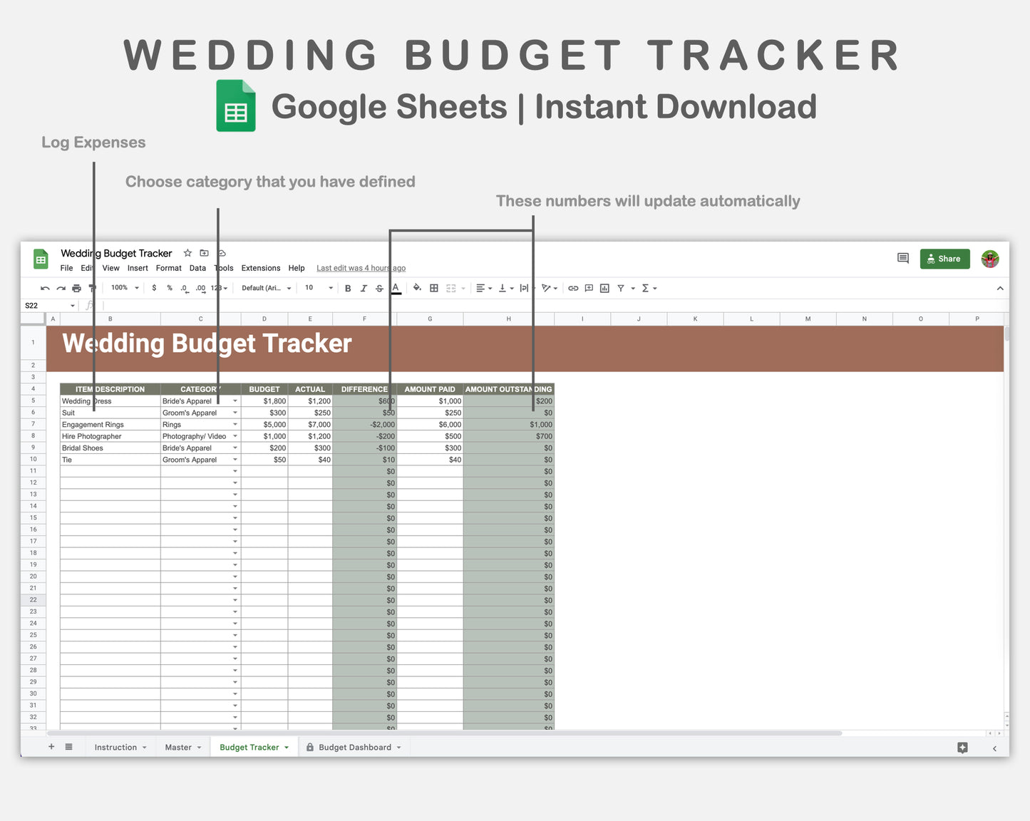 Google Sheets - Wedding Budget Tracker - Earthy