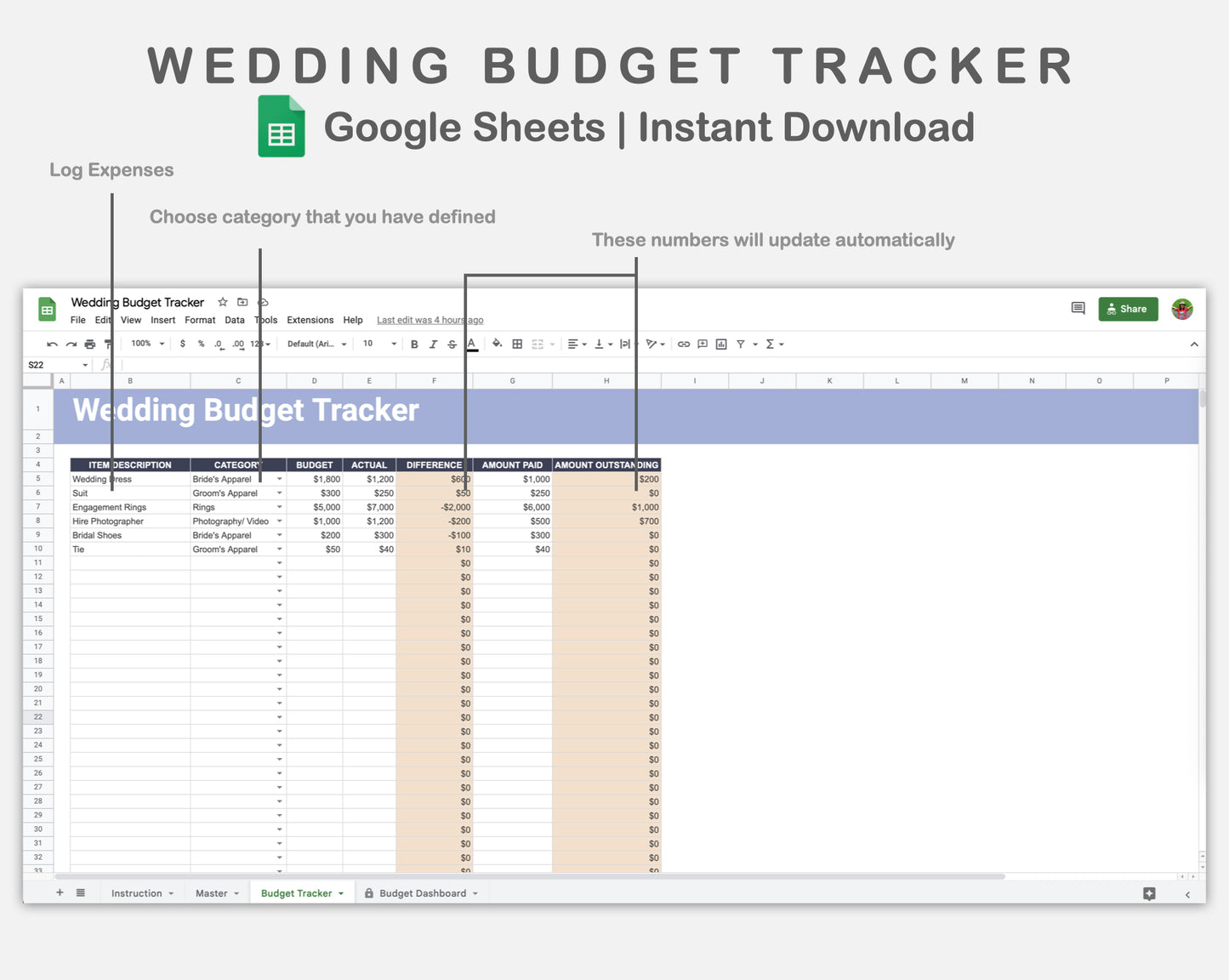 Google Sheets - Wedding Budget Tracker - Sweet