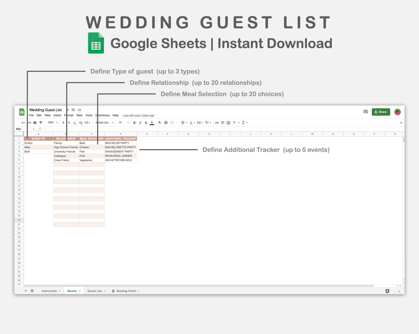 Google Sheets - Wedding Guest List - Neutral