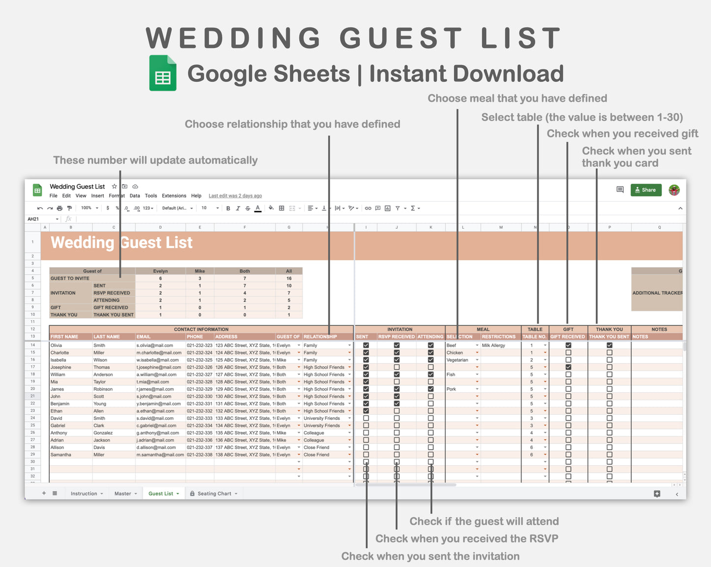 Google Sheets - Wedding Guest List - Neutral