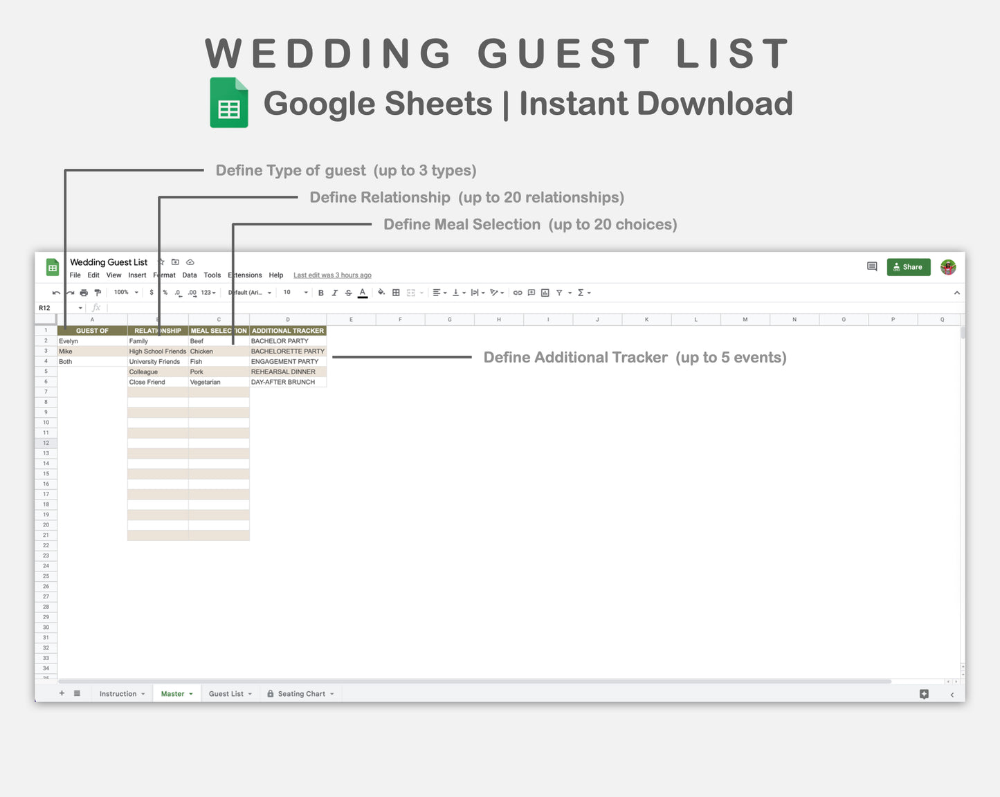 Google Sheets - Wedding Guest List - Boho