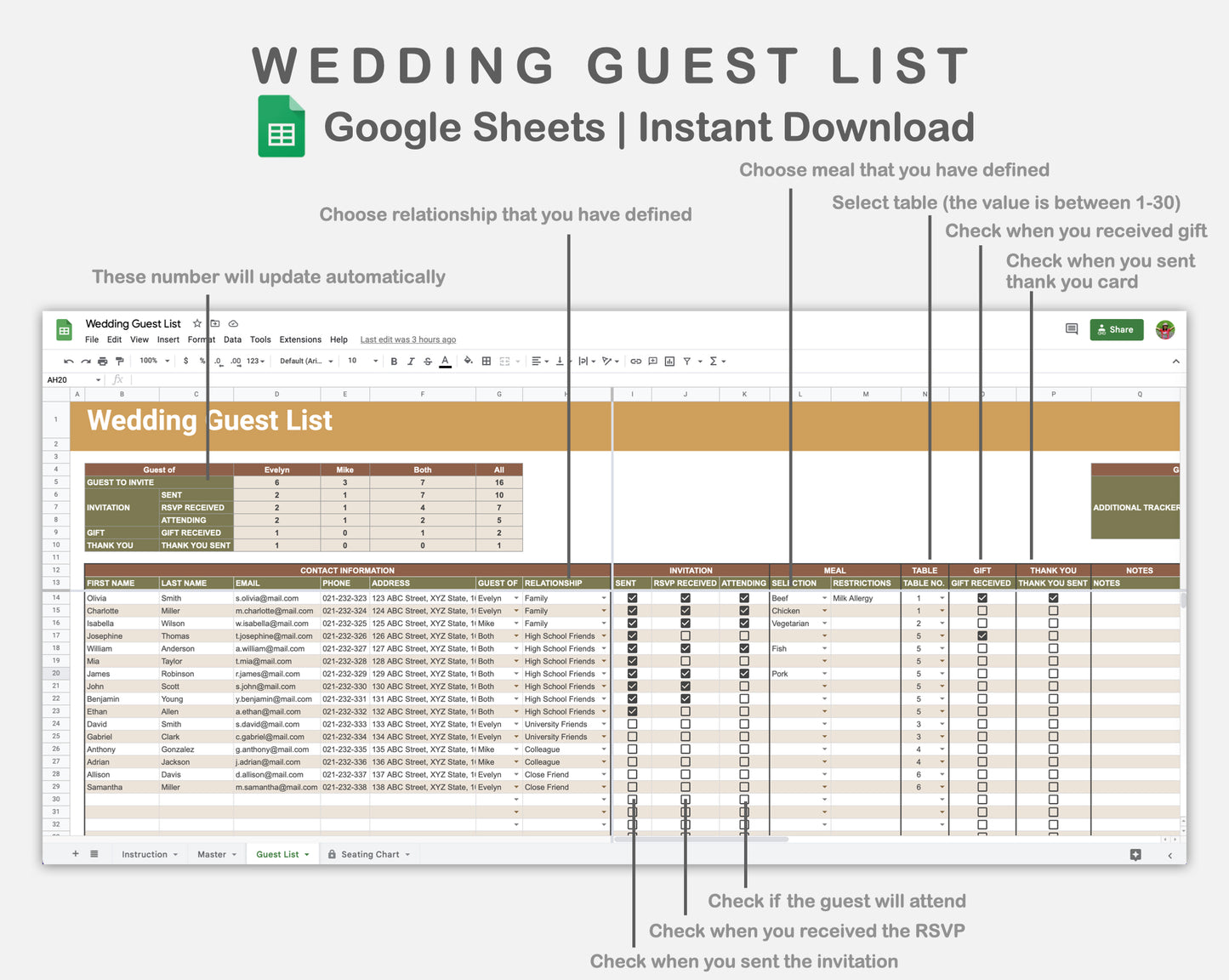 Google Sheets - Wedding Guest List - Boho
