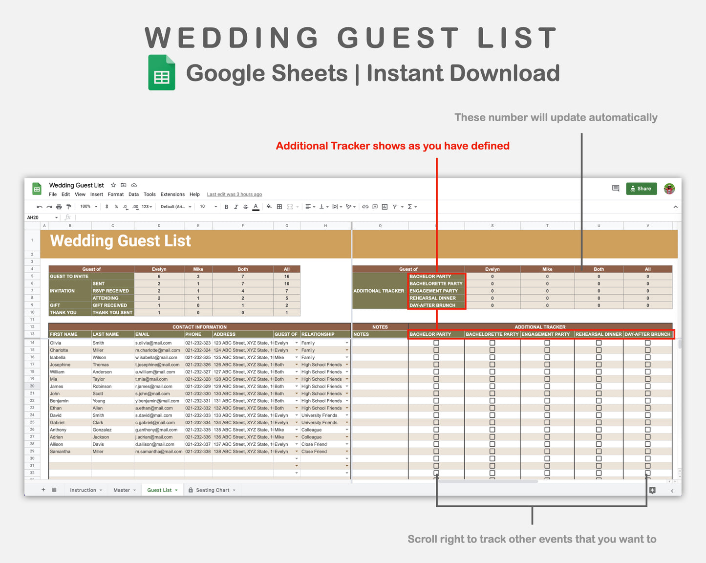 Google Sheets - Wedding Guest List - Boho
