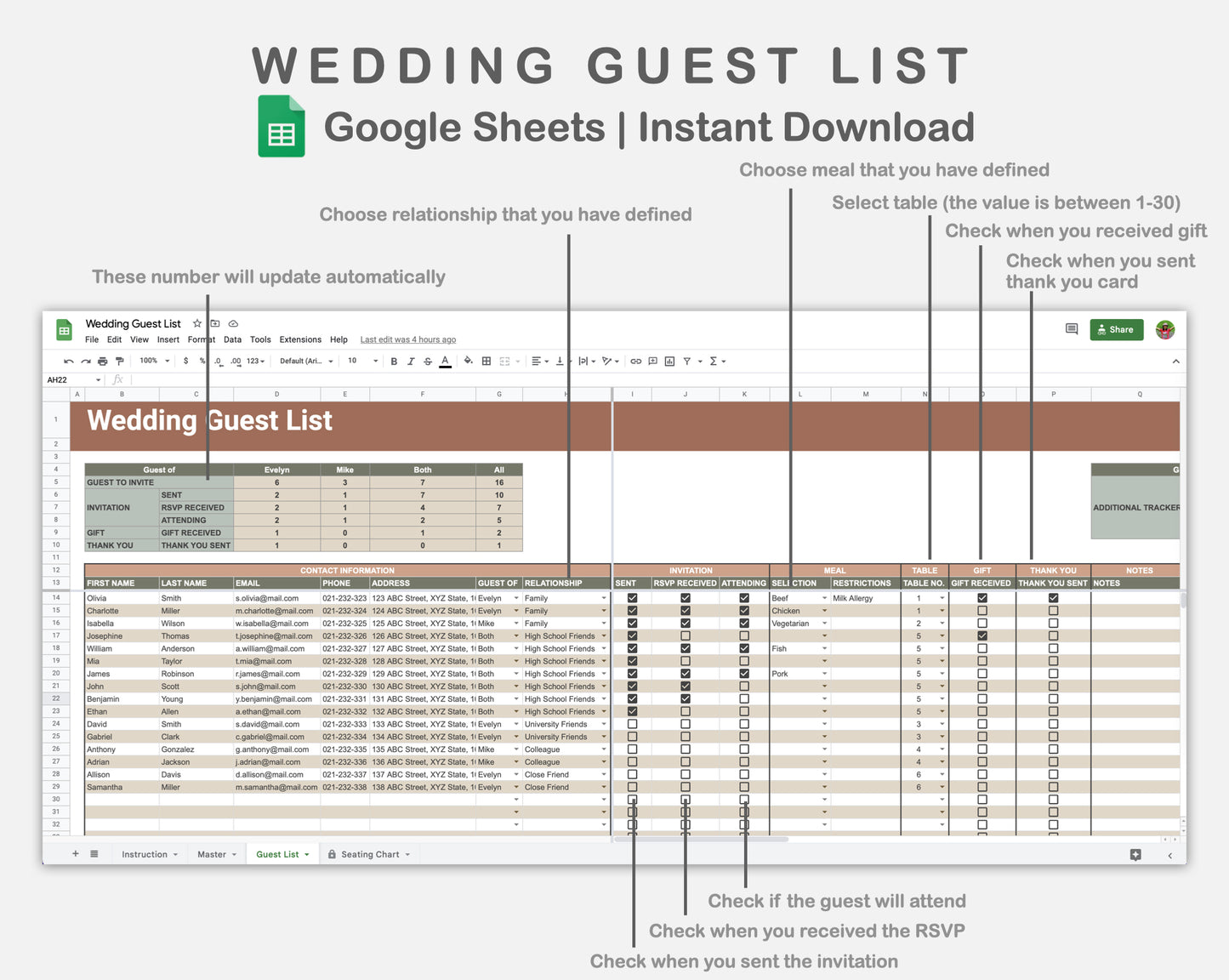 Google Sheets - Wedding Guest List - Earthy