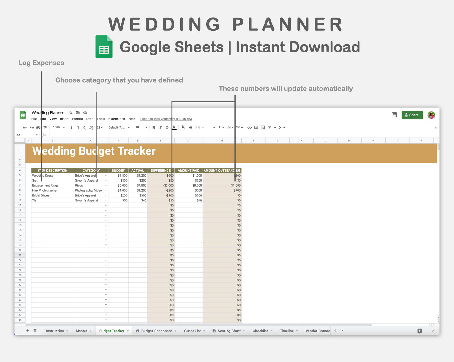 Google Sheets - Wedding Planner - Boho