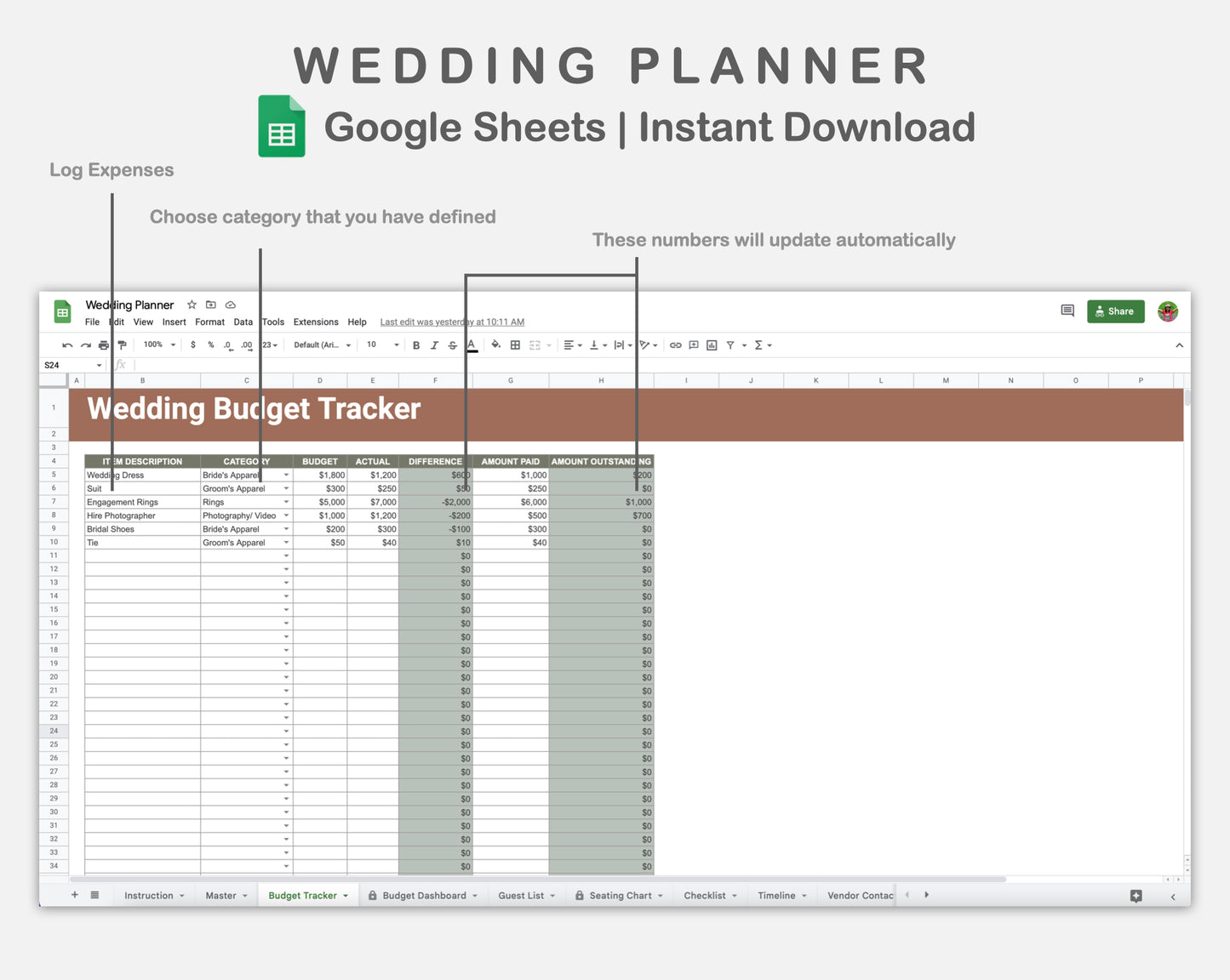 Google Sheets - Wedding Planner - Earthy