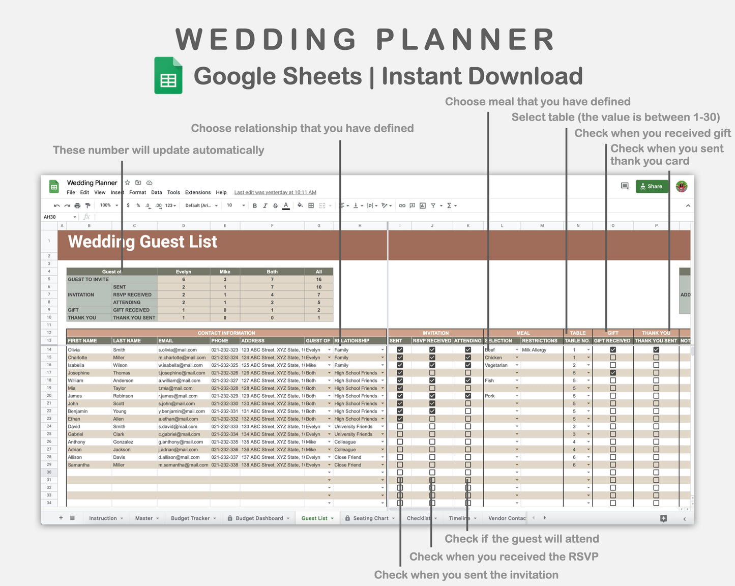 Google Sheets - Wedding Planner - Earthy