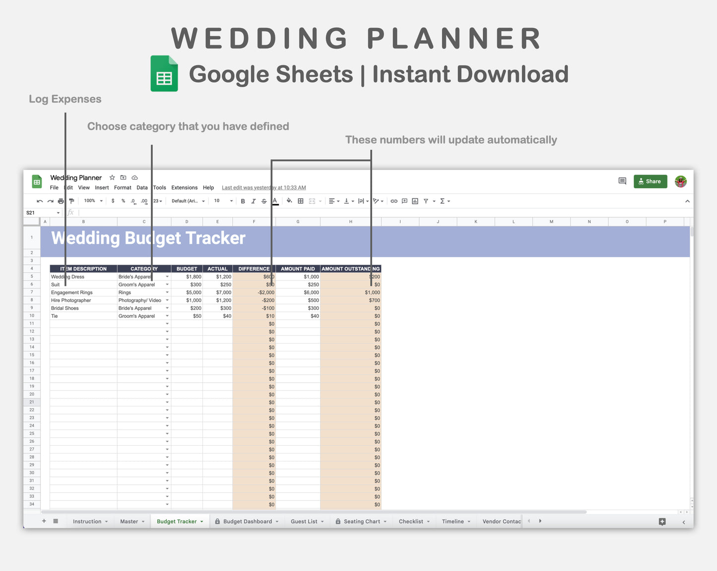 Google Sheets - Wedding Planner - Sweet