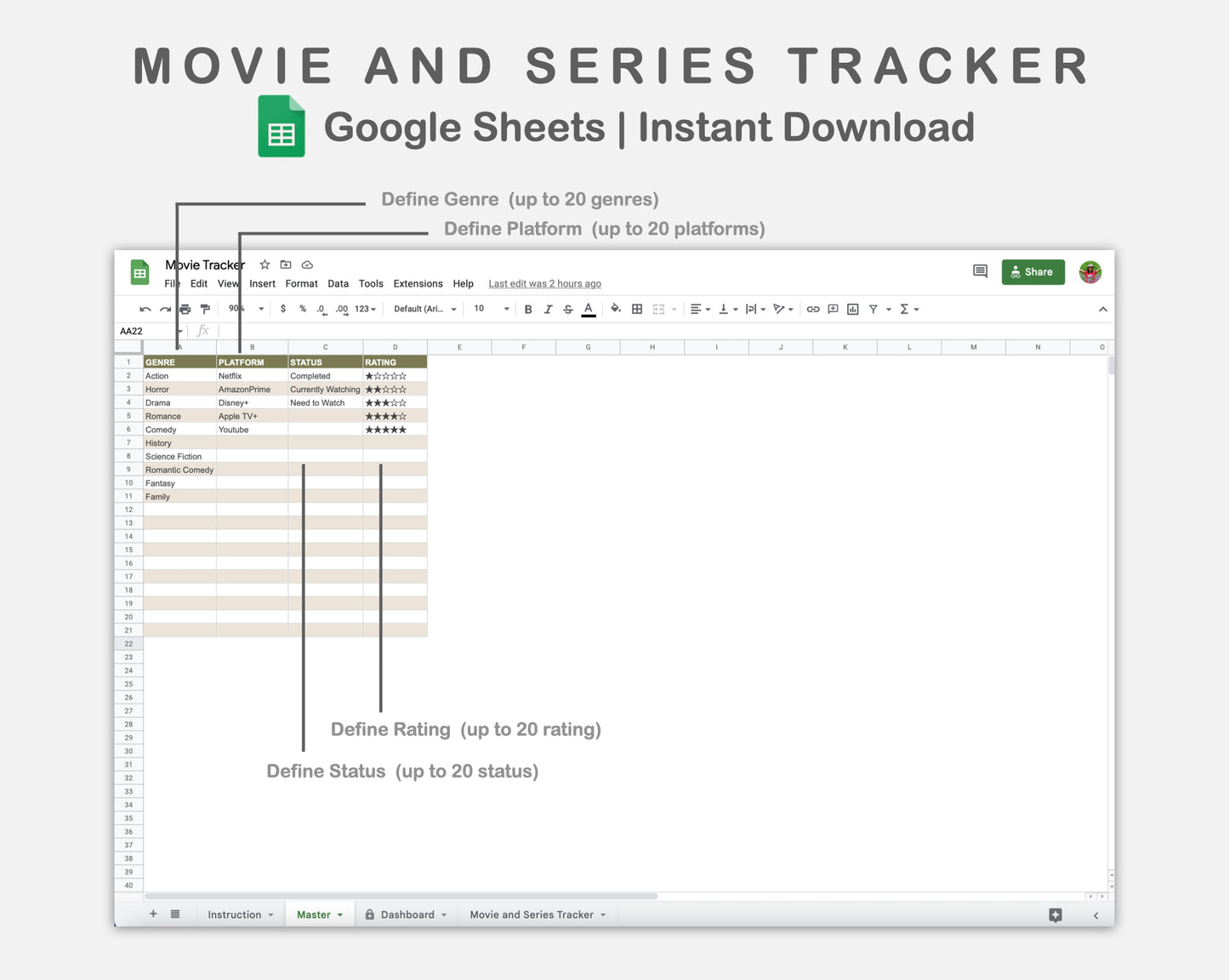 Google Sheets - Movie and Series Tracker - Boho