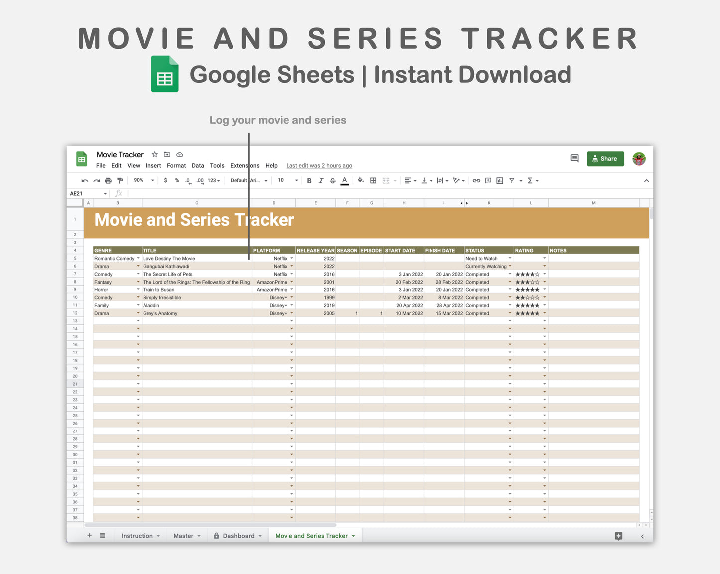 Google Sheets - Movie and Series Tracker - Boho