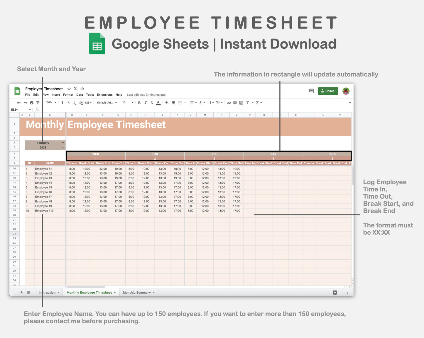 Google Sheets - Employee Timesheet - Neutral