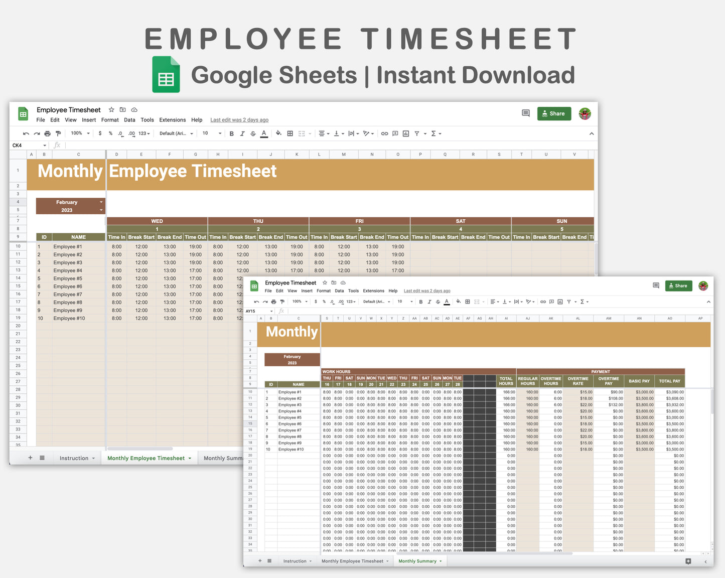 Google Sheets - Employee Timesheet - Boho