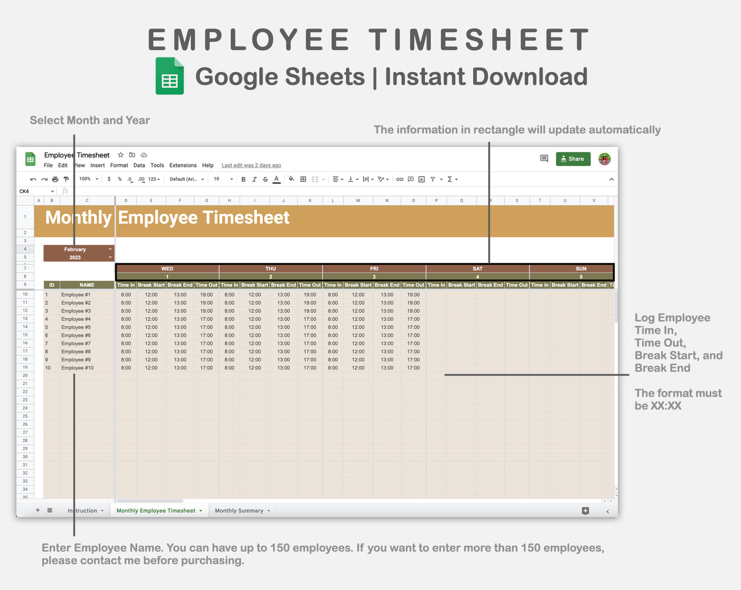 Google Sheets - Employee Timesheet - Boho