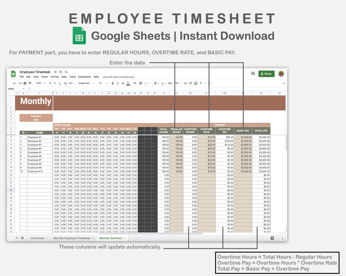 Google Sheets - Employee Timesheet - Earthy