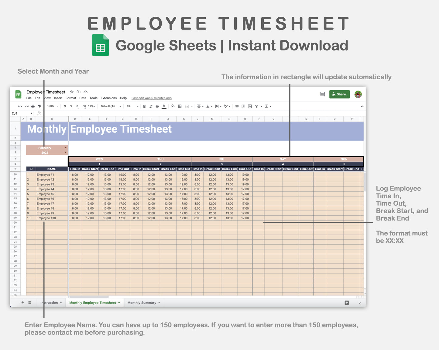 Google Sheets - Employee Timesheet - Sweet