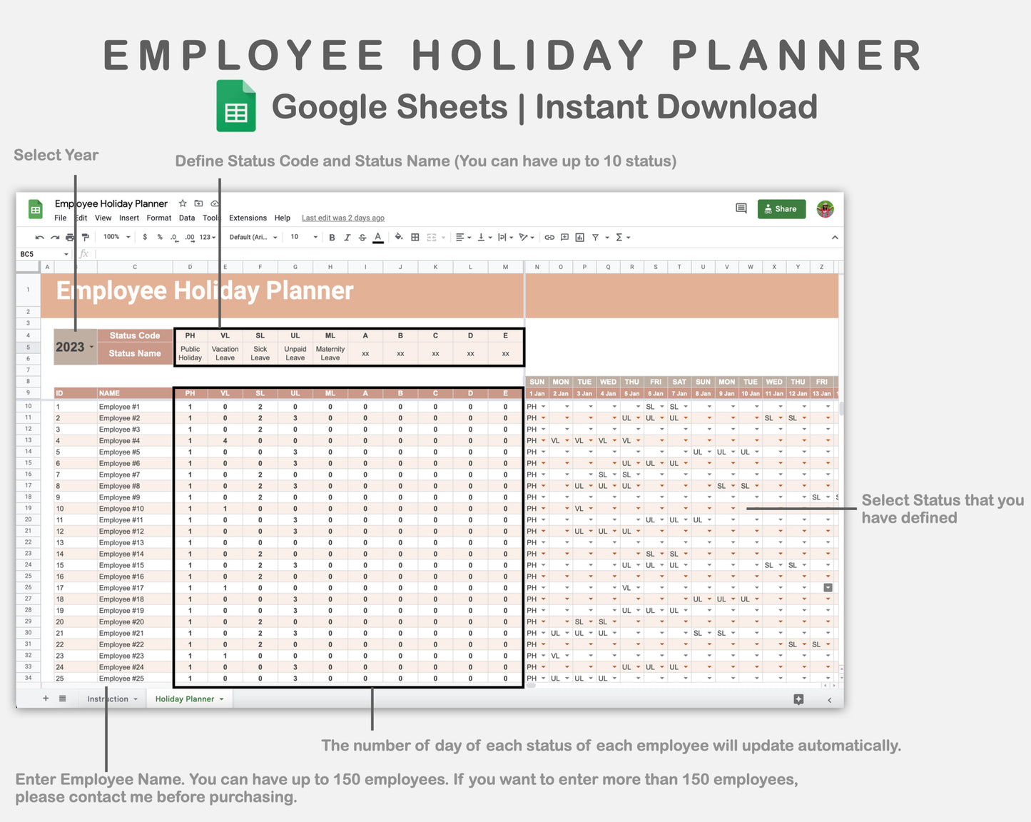 Google Sheets - Employee Holiday Planner - Neutral