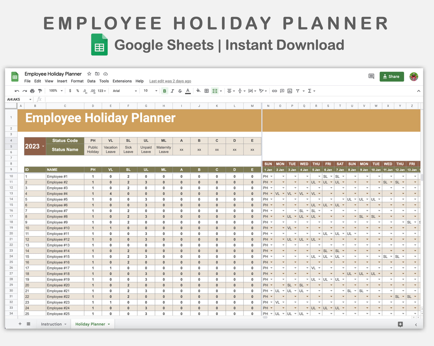 Google Sheets - Employee Holiday Planner - Boho