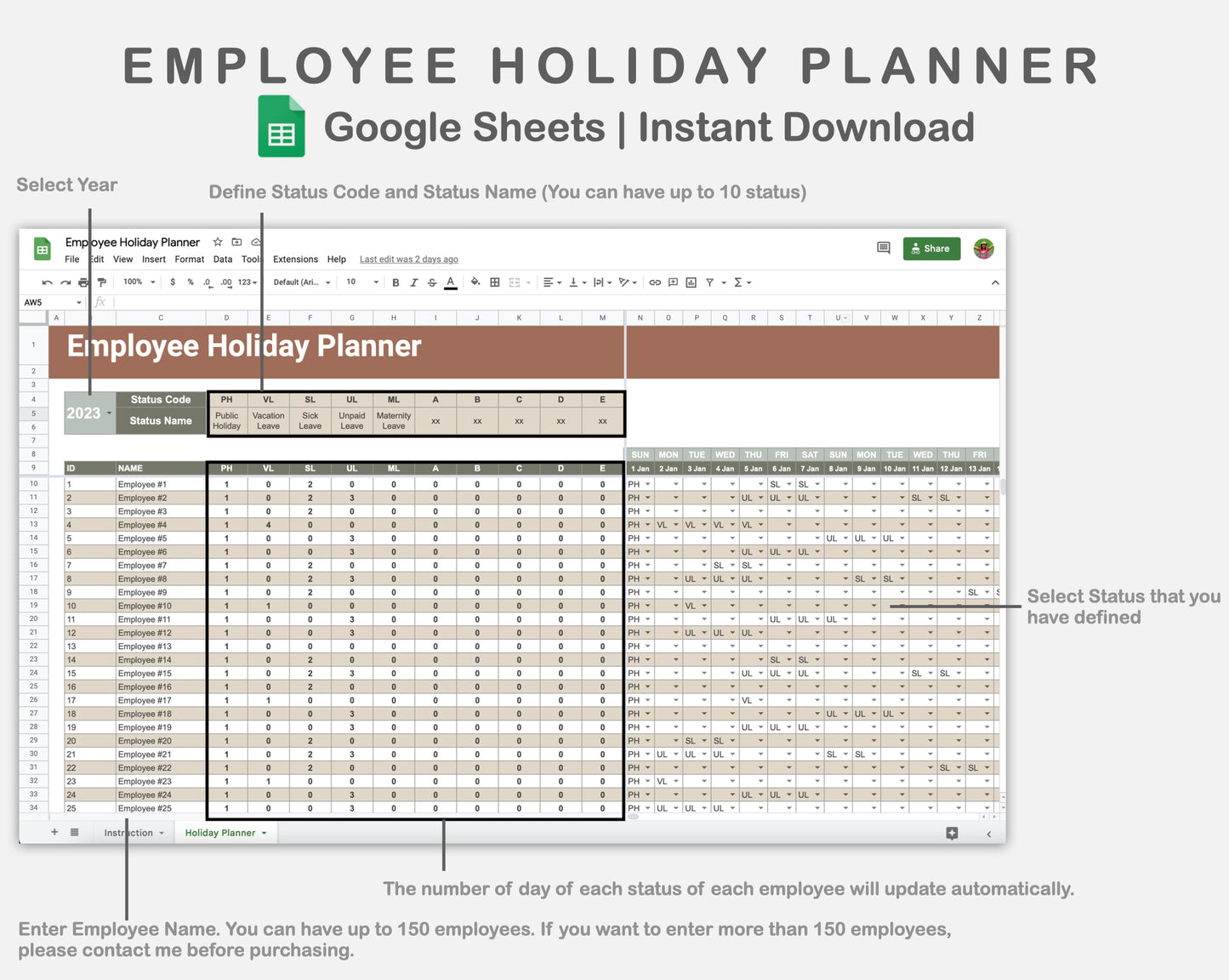 Google Sheets - Employee Holiday Planner - Earthy