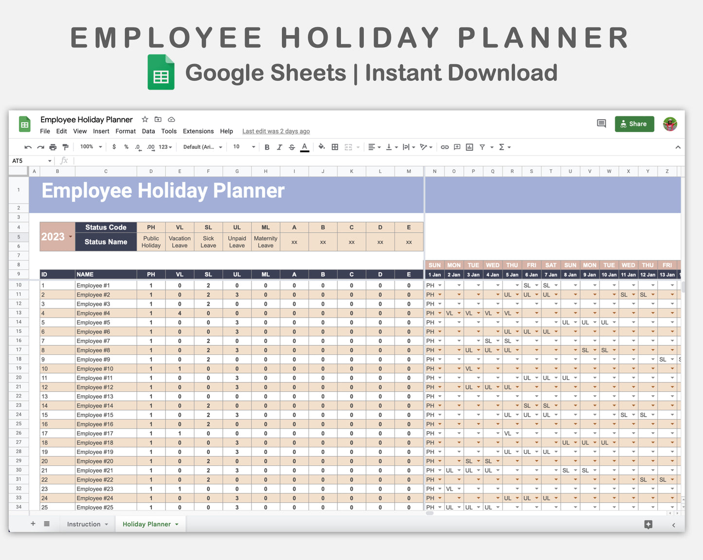 Google Sheets - Employee Holiday Planner - Sweet