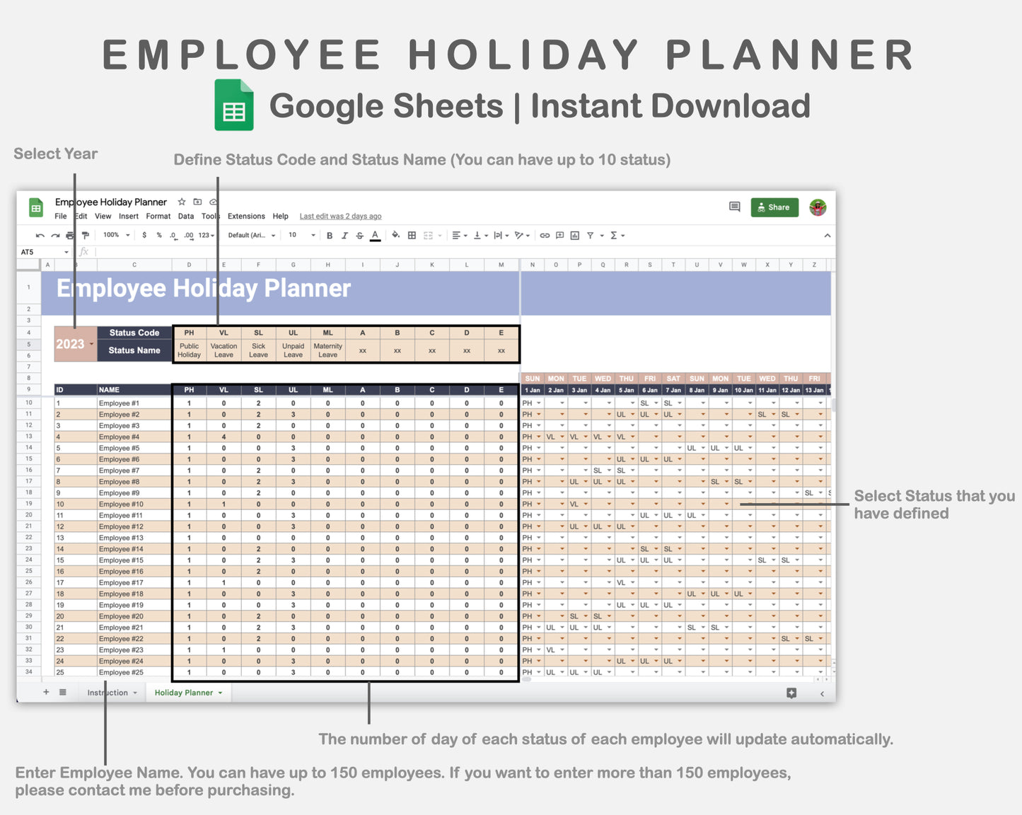 Google Sheets - Employee Holiday Planner - Sweet