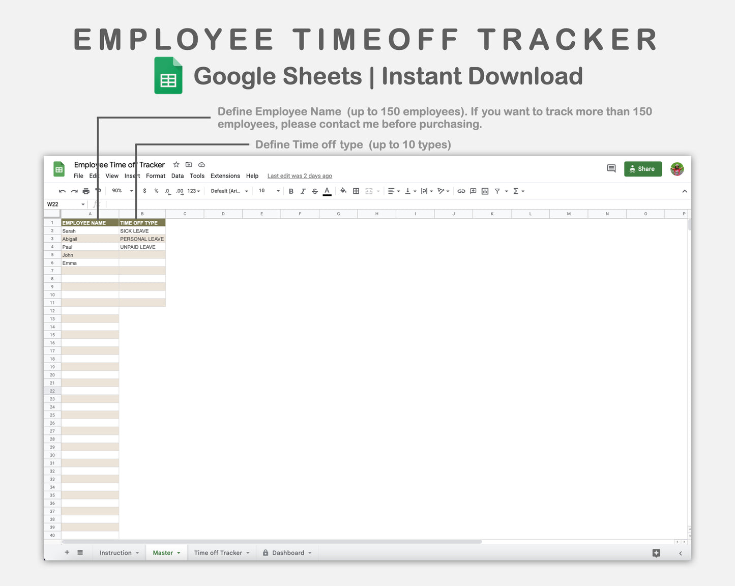 Google Sheets - Employee Time off Tracker - Boho