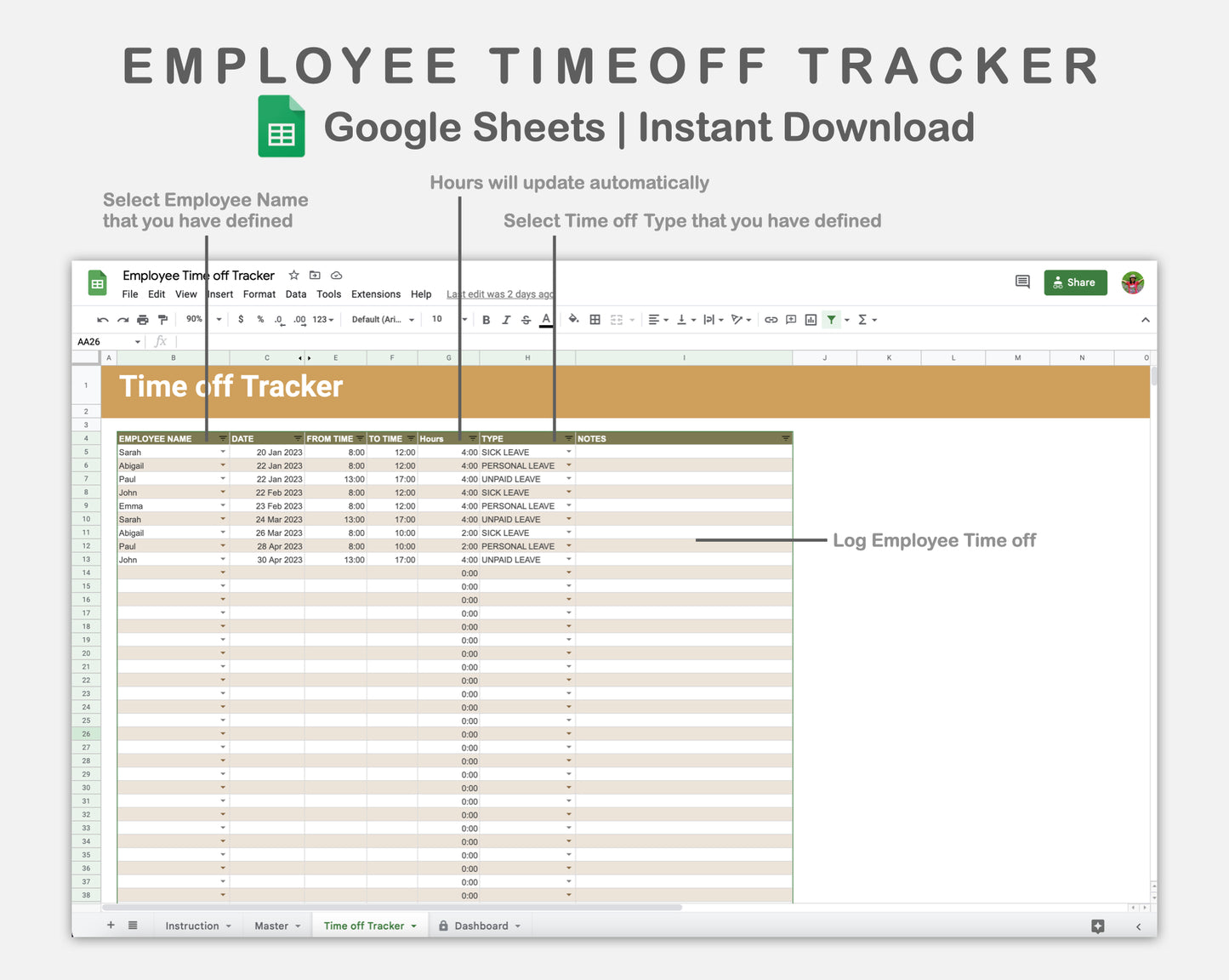 Google Sheets - Employee Time off Tracker - Boho