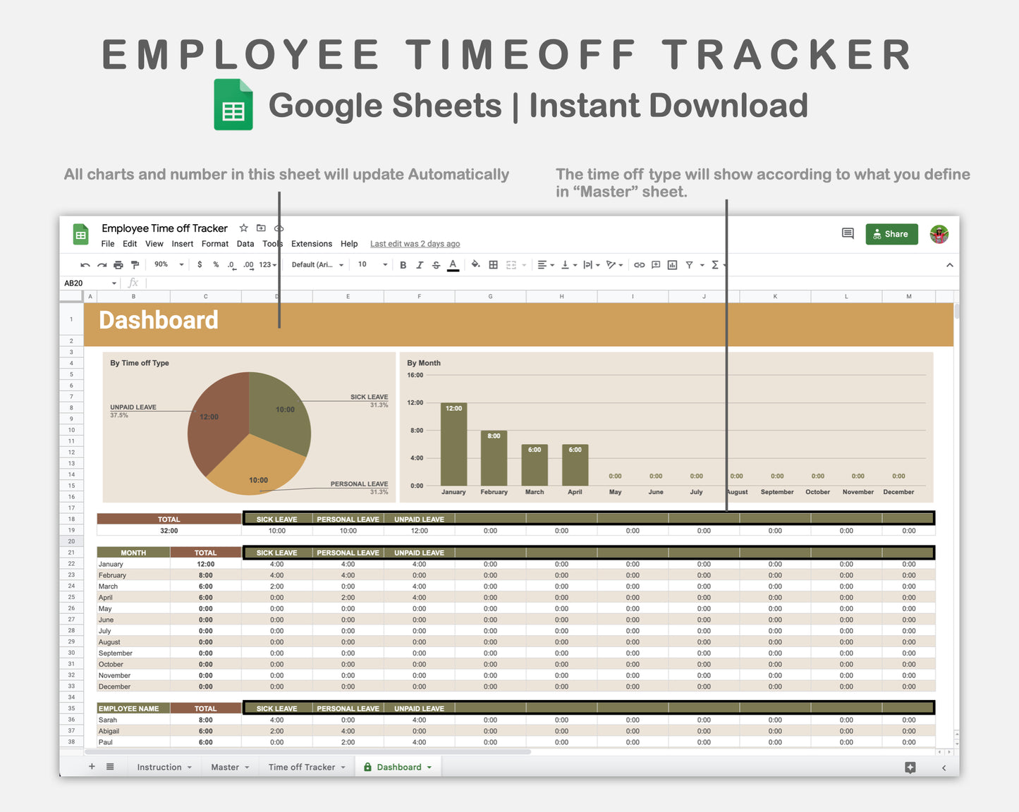Google Sheets - Employee Time off Tracker - Boho