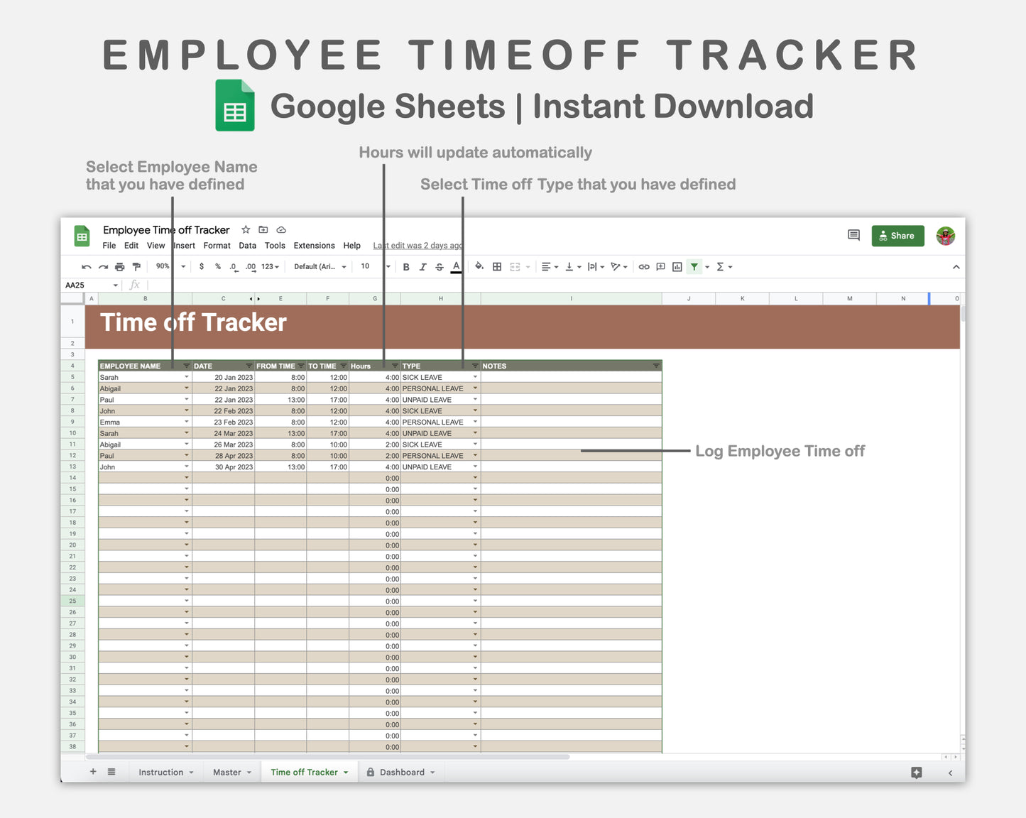 Google Sheets - Employee Time off Tracker - Earthy